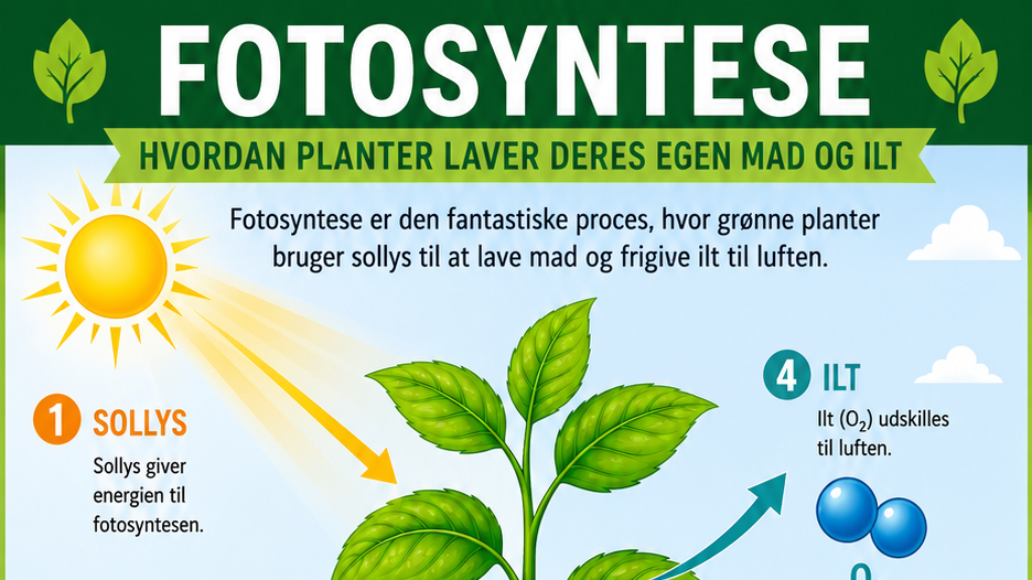 Fotosyntese-plakat med overskrift, sol og en plante der viser trin 1 sollys og 4 ilt